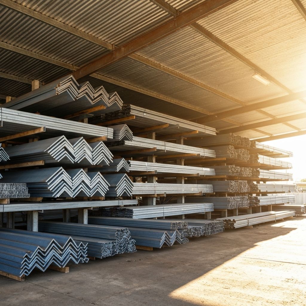 NQ Steelstocks steel yard showing racked angles, channels and pipes in Charters Towers